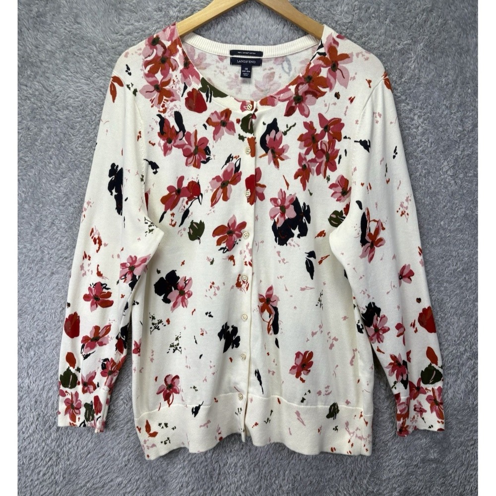 NEW Lands End Womens 1X 16W 18W Supima Cotton Floral Cardigan Sweater Button